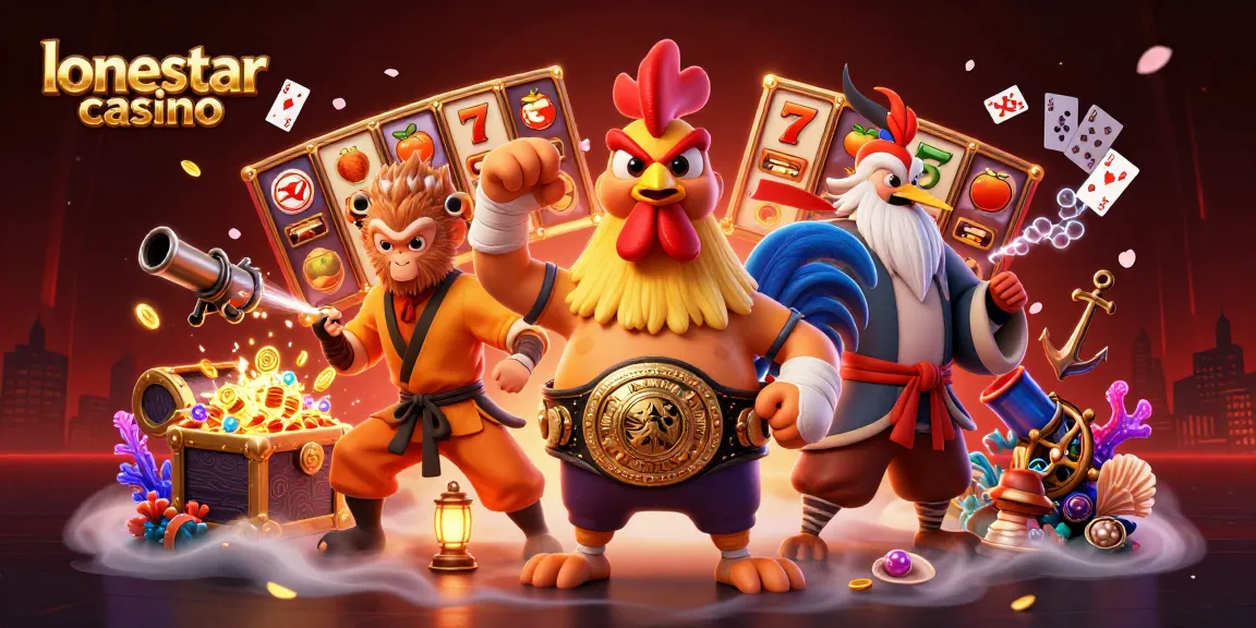 Win big at lonestar casino with an energetic and vibrant 3D illustration of game elements and characters.