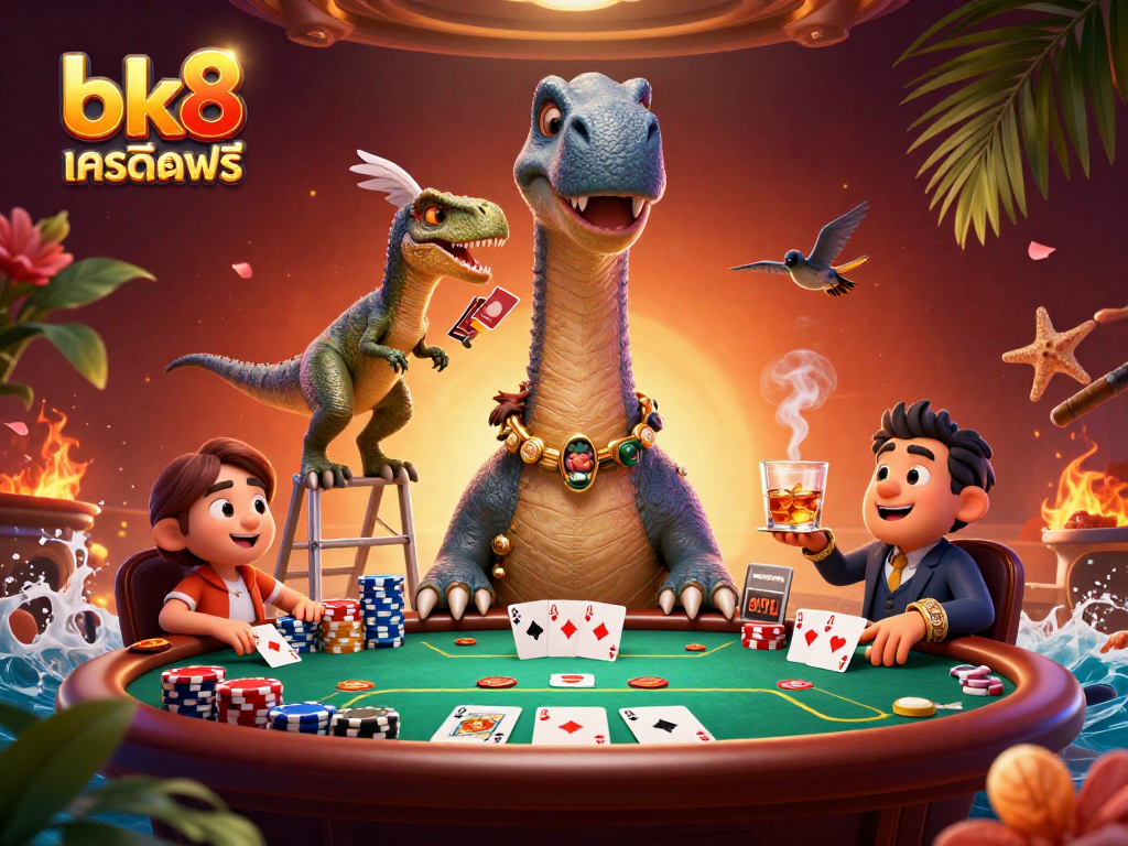 Experience the excitement of bk8 เครดิตฟรี at the casino with animated dinosaurs and poker action.