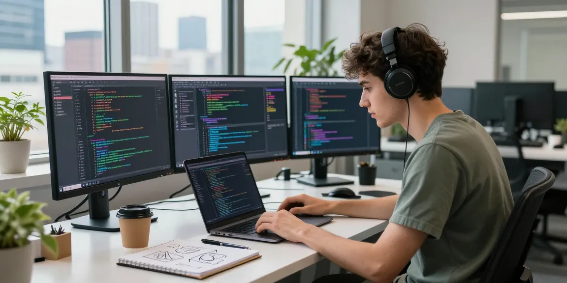 Developer coding in a tech workspace, showcasing innovative software development and productivity with multiple monitors and natural light.