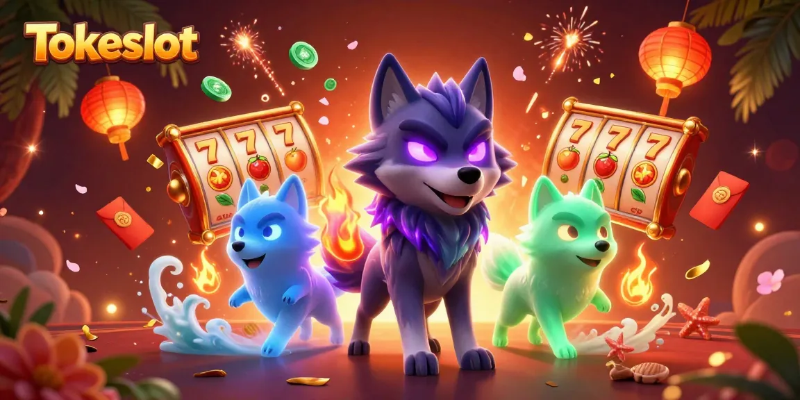 Tokeslot celebrates online gaming excitement with vibrant 3D visuals showcasing thrilling slot elements.
