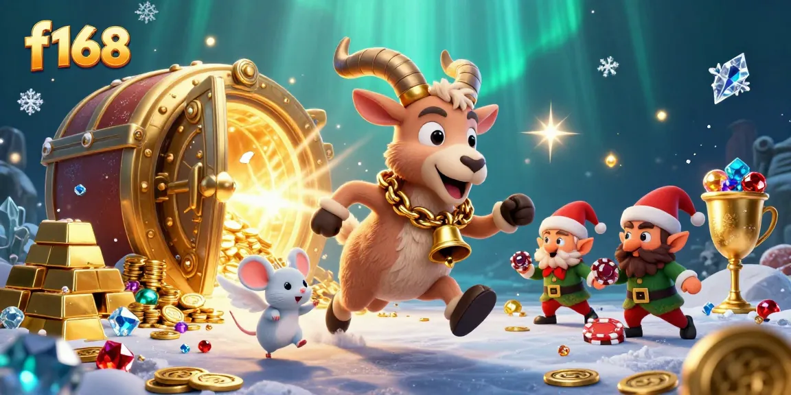 Experience thrilling games at f168's casino with a playful goat, angel mouse, and mischievous gremlins stealing chips.