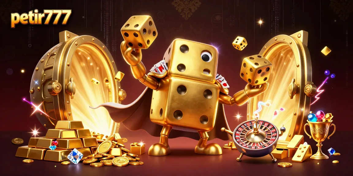 Engage with petir777’s exciting games featuring a golden dice golem juggling dice and surrounded by treasures.