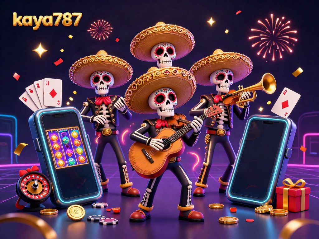 Experience exciting wins with kaya787 in a vibrant 3D casino scene featuring skeleton mariachi musicians.