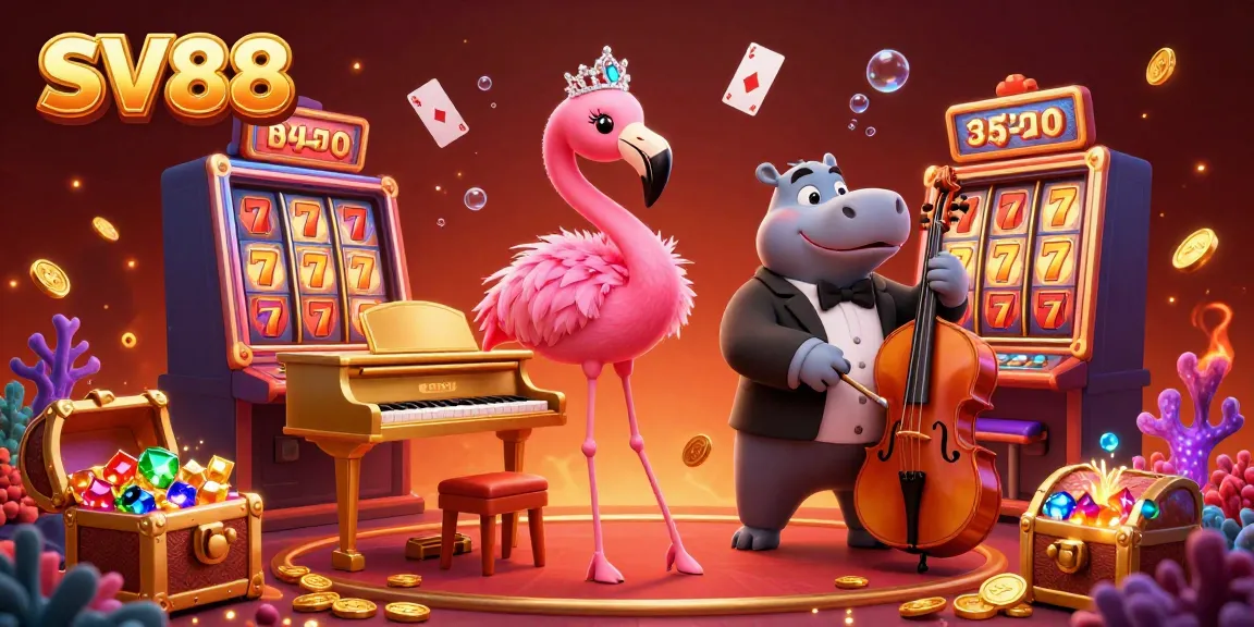 Experience the vibrant SV88 casino scene with a flamingo singer and hippo bassist amidst floating slot machines.