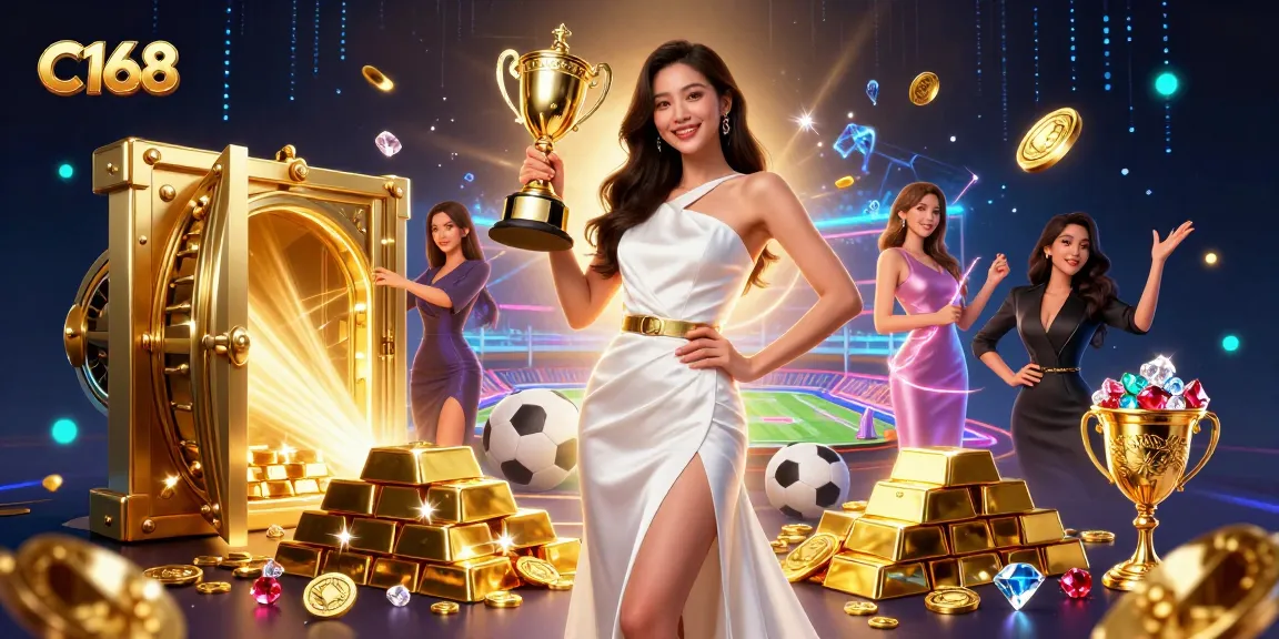 C168 sports betting illustration featuring a confident Asian woman with a trophy amidst vibrant casino elements