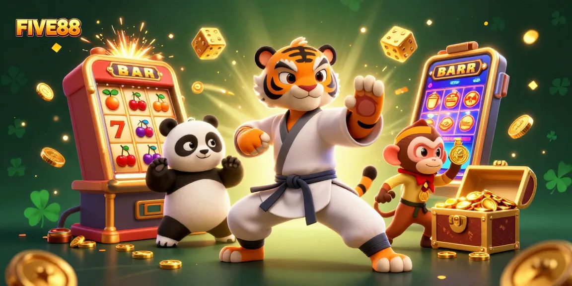 Experience the excitement of FIVE88 with vibrant slot machines and playful characters in a rich casino scene.