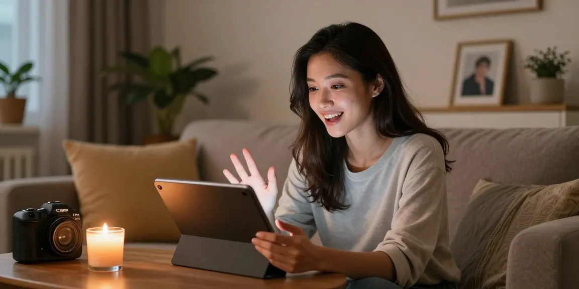 Engaging interaction between a woman and her AI girlfriend on a tablet in a cozy living room, showcasing the evolving digital romance.