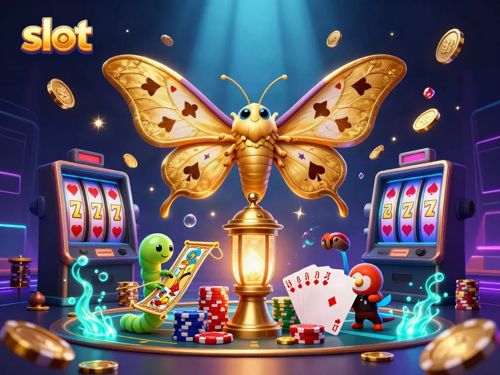 Experience exciting slot games with a golden moth and vibrant casino symbols swirling around.