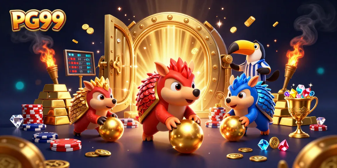 PG99 features animated pangolins gambling through gold poker chips and treasures in an exciting casino scene.