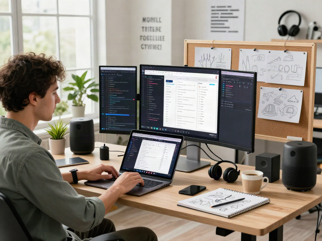 Developer showcasing the sh7 app with coding on screens in a bright workspace.