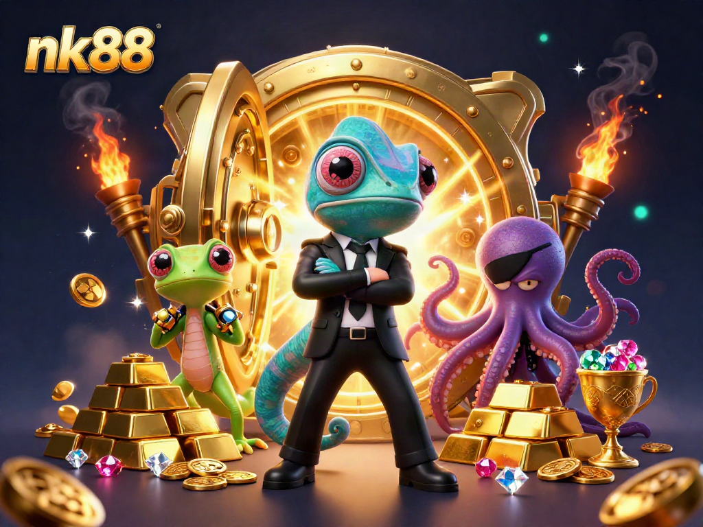 Engage with nk88 in a thrilling casino adventure featuring vibrant characters and sparkling treasures.