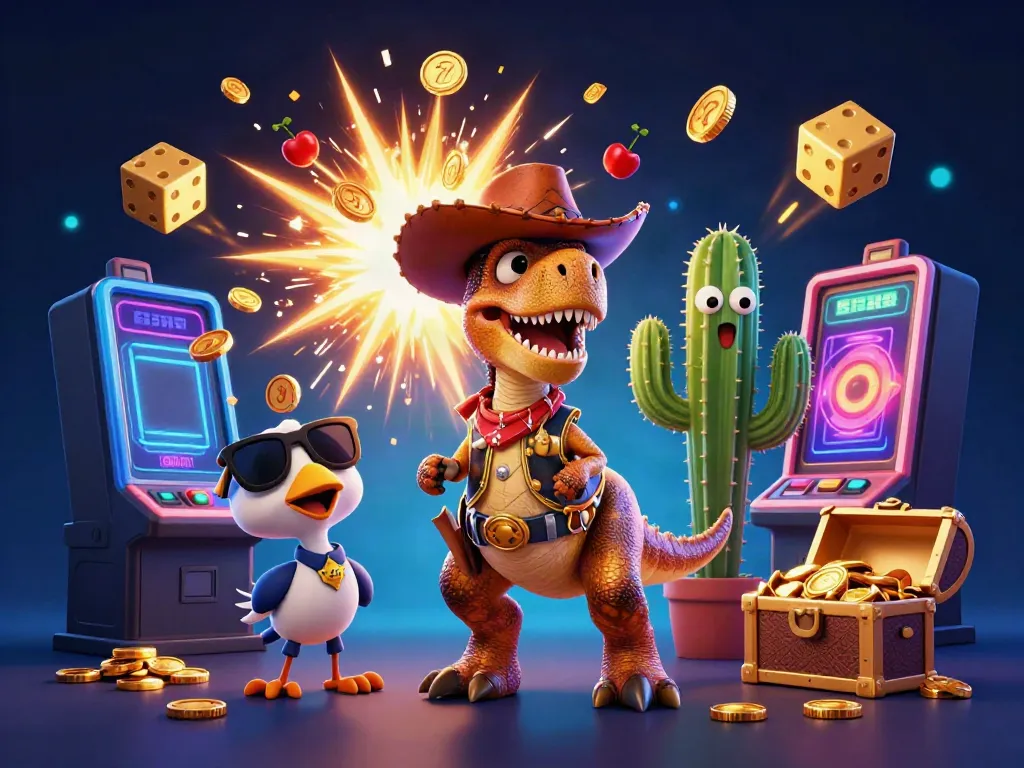 Menangkan slot dengan dinosaur koboi dan mesin slot mega yang bersemangat dalam ilustrasi mentransformasikan dunia perjudian.