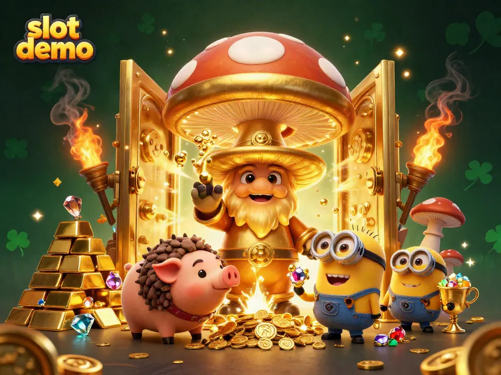 Memainkan slot demo dengan karakter kartun 3D dan harta karun berkilau dalam suasana kasino yang megah.