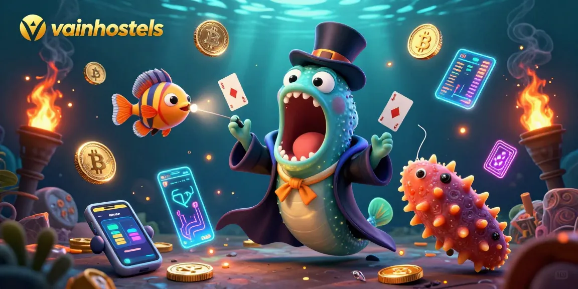 Engage in thrilling magic with the vainhostels card tricks scene featuring luminous ocean creatures and crypto elements.
