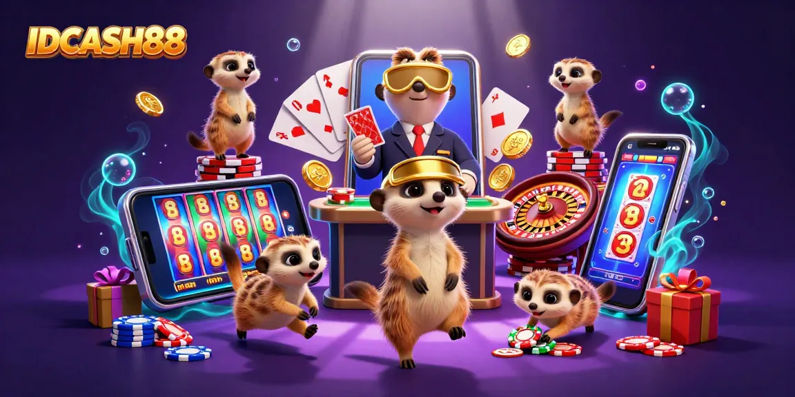 Engaging illustration showcasing IDCASH88's vibrant casino environment with meerkat dealers, dynamic gaming elements, and immersive visuals.