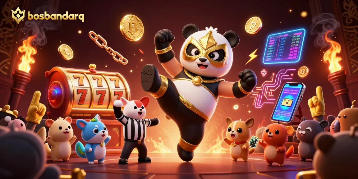 Experience thrilling action at bosbandarq with a panda wrestler performing a flying kick amidst vibrant casino elements.