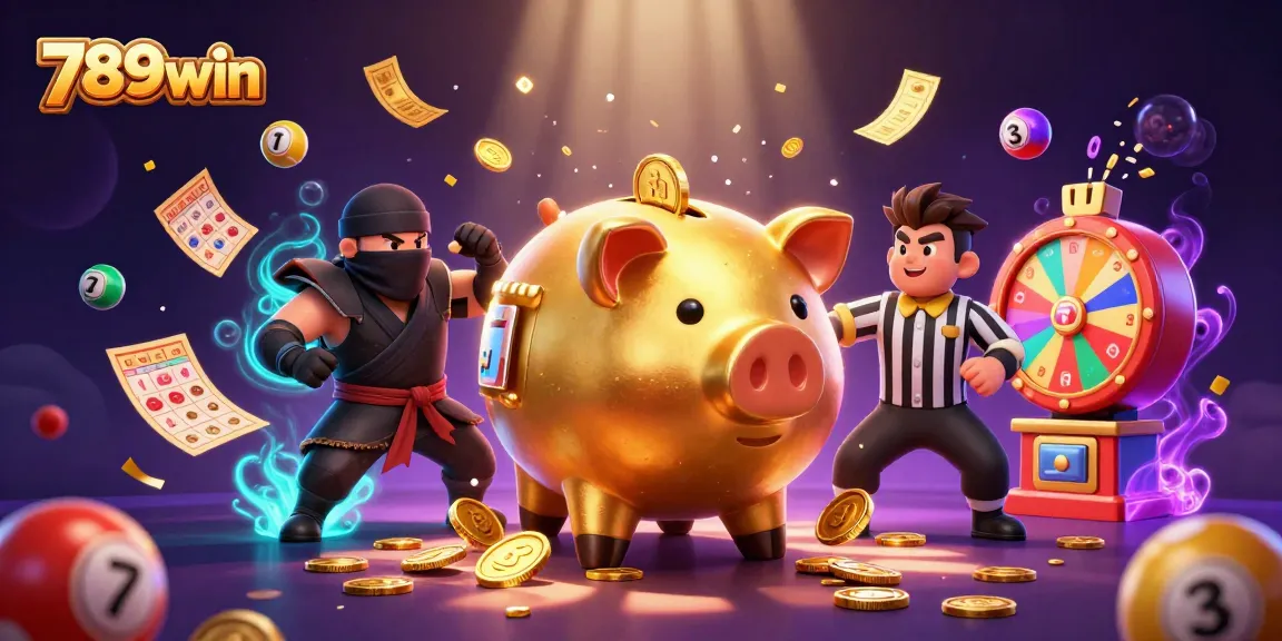 Experience thrilling 789win action with a golden sumo wrestler, wallet ninja, and samurai referee amidst vibrant casino elements.