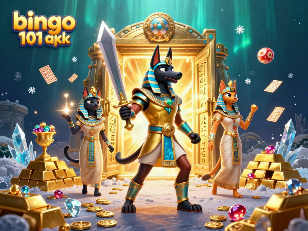 Gambarkan pengalaman menarik bermain bingo 101 APK dengan Anubis dan Bastet di tengah harta karun.