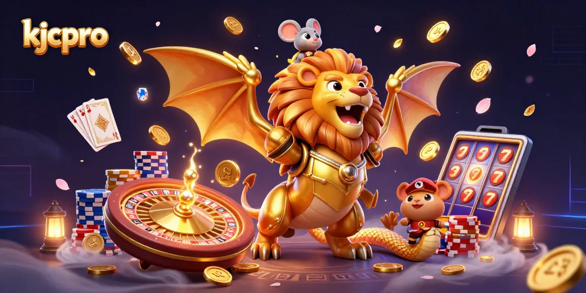 Experience thrilling wins with kjcpro's vibrant 3D casino scene, featuring golden gaming elements and animated characters.