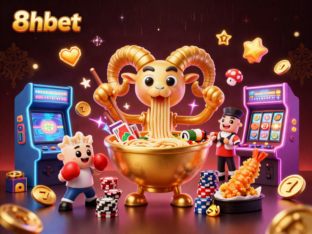 Experience 8xbet with a vibrant 3D illustration of a giant ramen bowl dealer stacking chips.
