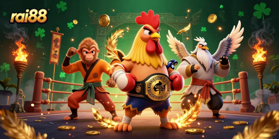 Experience exhilarating action with rai88’s vibrant Muay Thai rooster and Shaolin monkey in this dynamic casino scene.