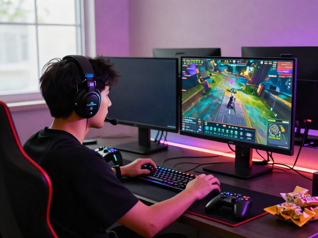 Gamer focused on gameplay at Bro138, showcasing vibrant dual screens and gaming ambiance.