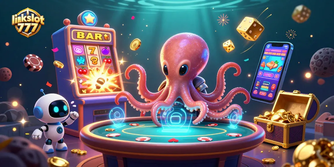 Experience thrilling gaming action with link slot 777 amidst vibrant 3D casino elements and explosive jackpots.