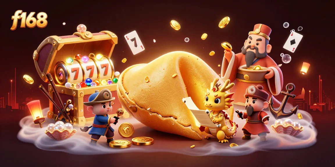 Experience the thrill of f168 with a golden fortune cookie and vivid casino elements in this dynamic illustration.