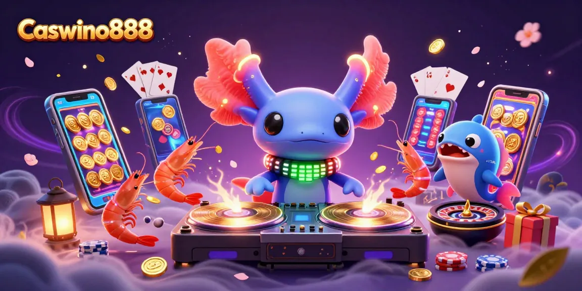 Experience thrilling gameplay with Caswino888, featuring a neon axolotl DJ, vibrant slot games, and enchanting underwater elements.