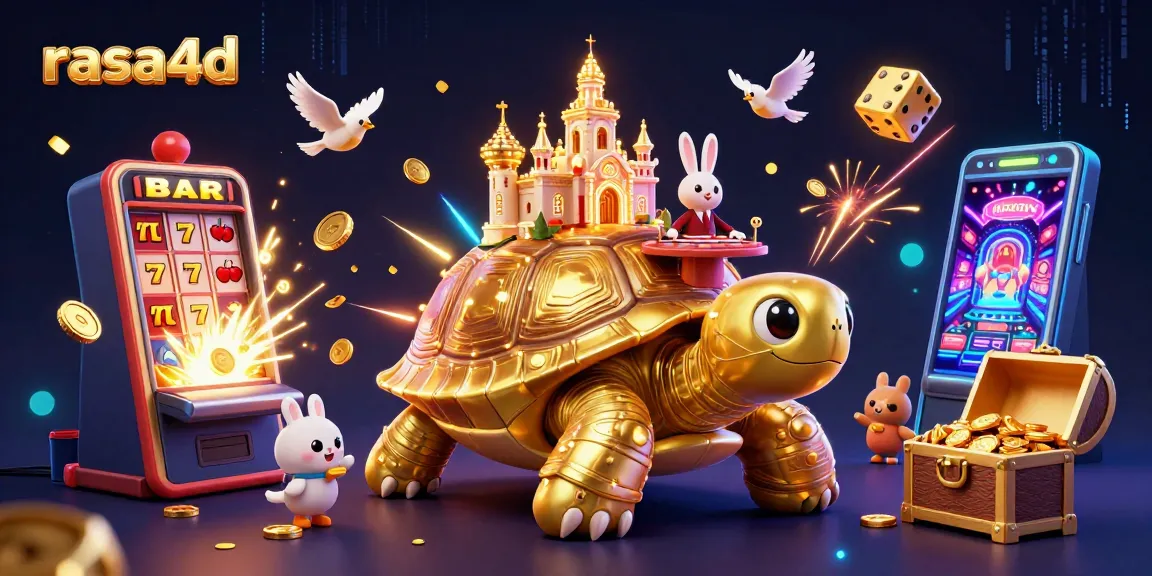 rasa4d menghadirkan ilustrasi kasino animasi dengan kura-kura emas dan dealer kelinci.