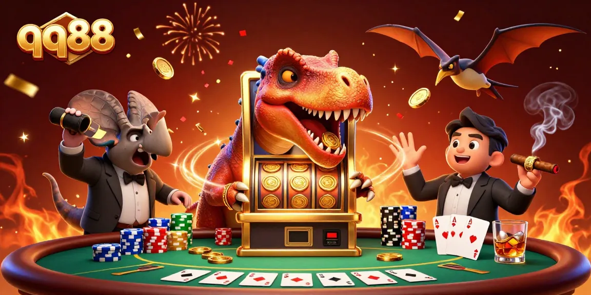 qq88 players winning jackpots as a pachycephalosaurus celebrates among casino chaos