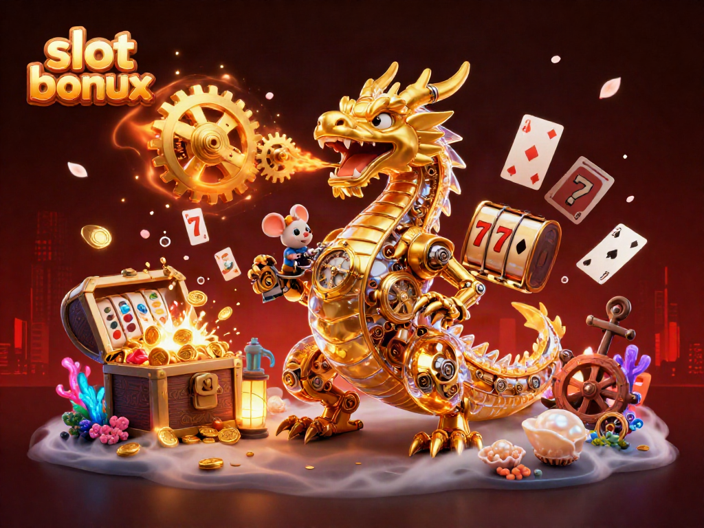 Experience the excitement of slot bonus gaming with a golden dragon and treasures in this vibrant 3D illustration.