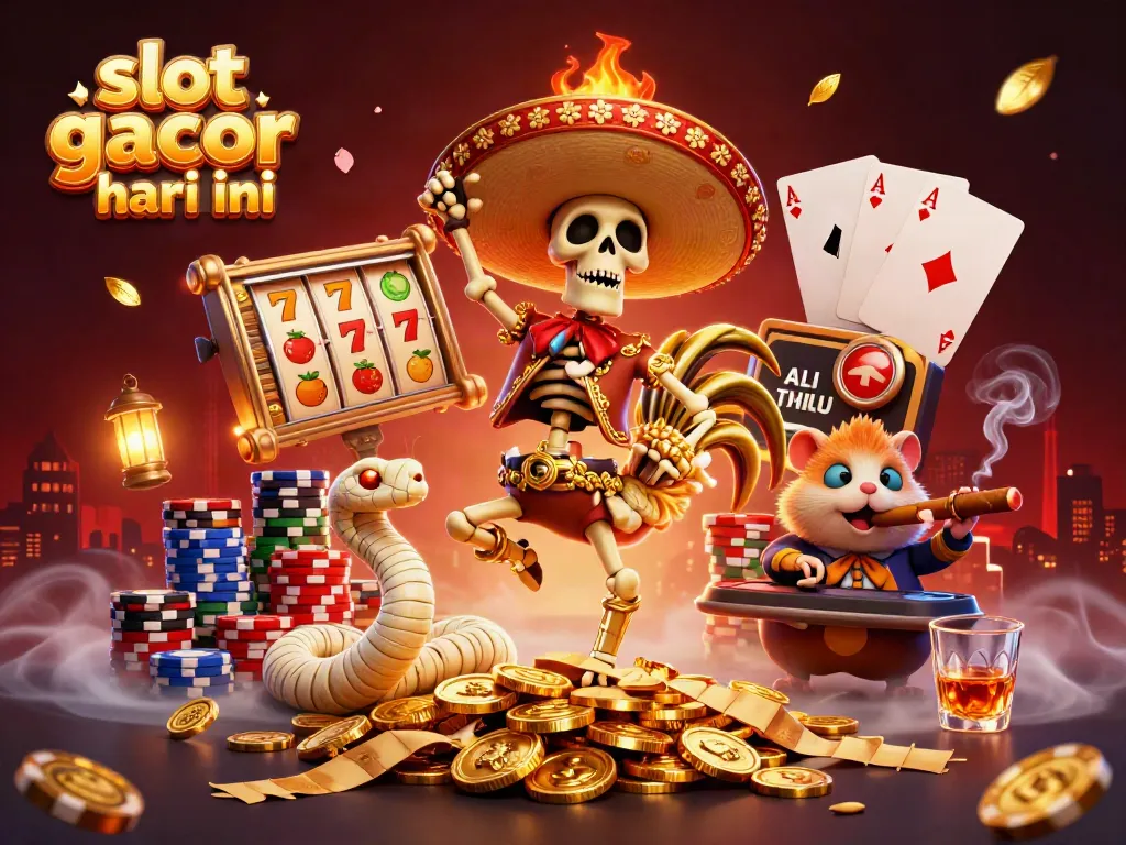 Momen seru slot gacor hari ini dengan karakter kartun di kasino menari di atas tumpukan koin emas.