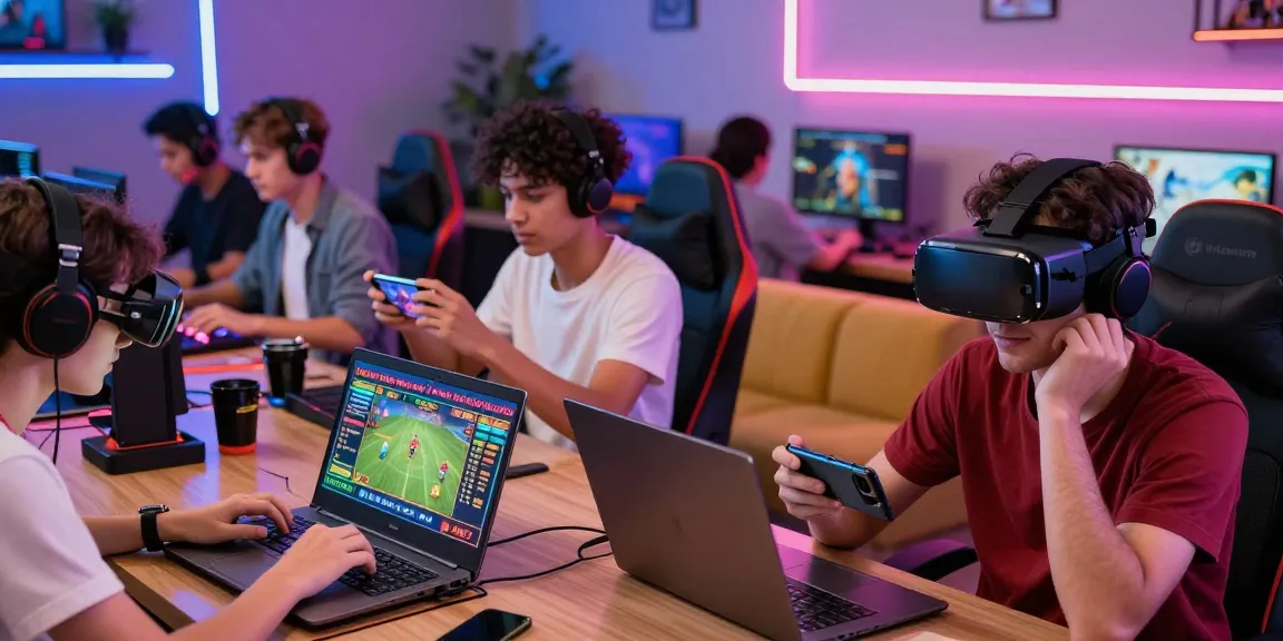 Players enjoying lotus365 online gaming in a vibrant lounge filled with excitement and technology.