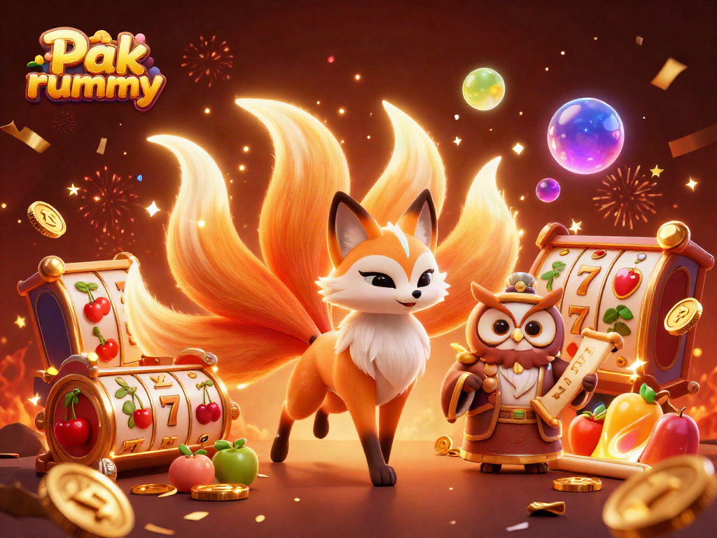 Win at Pak rummy with vibrant slot reels, glowing fox spirit, and festive casino atmosphere.