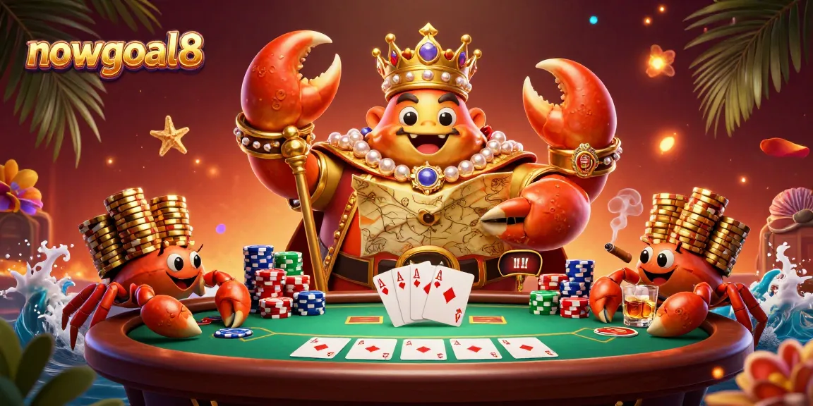 Engage with nowgoal8's thrilling action showcasing a golden crab emperor guiding gamers at a poker table.