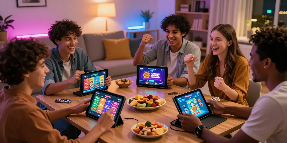 Friends enjoying the JaiClub gaming app in a cozy setting, celebrating wins.