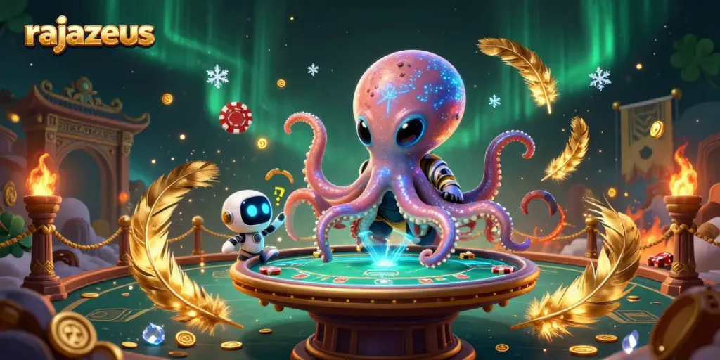 Rajazeus: Gurita alien bermain poker dikelilingi chip asteroid dalam arena kasino futuristik.