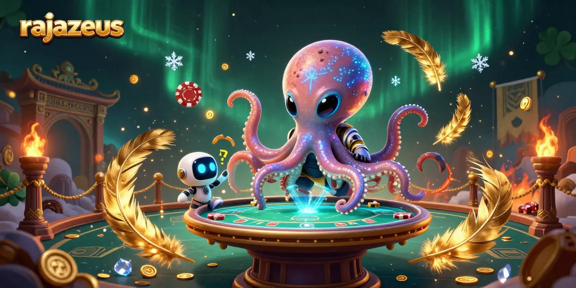 Rajazeus: Gurita alien bermain poker dikelilingi chip asteroid dalam arena kasino futuristik.