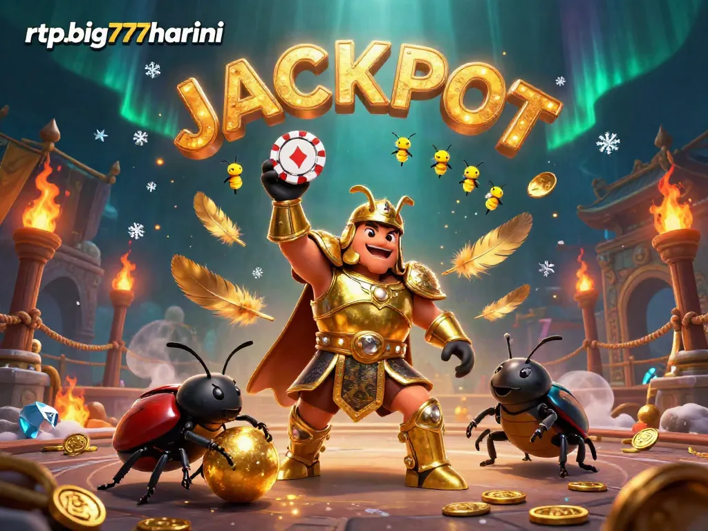 Win big with rtpbig777hariini as a herculean beetle celebrates by lifting a poker chip.