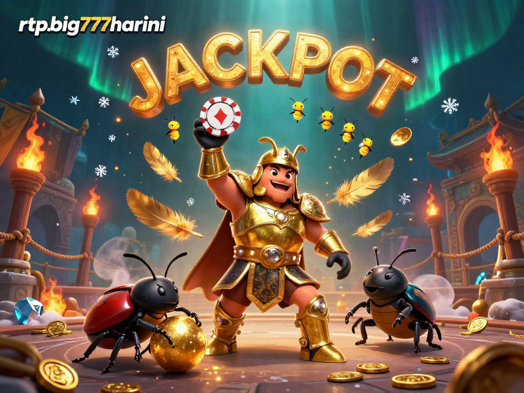 Win big with rtpbig777hariini as a herculean beetle celebrates by lifting a poker chip.