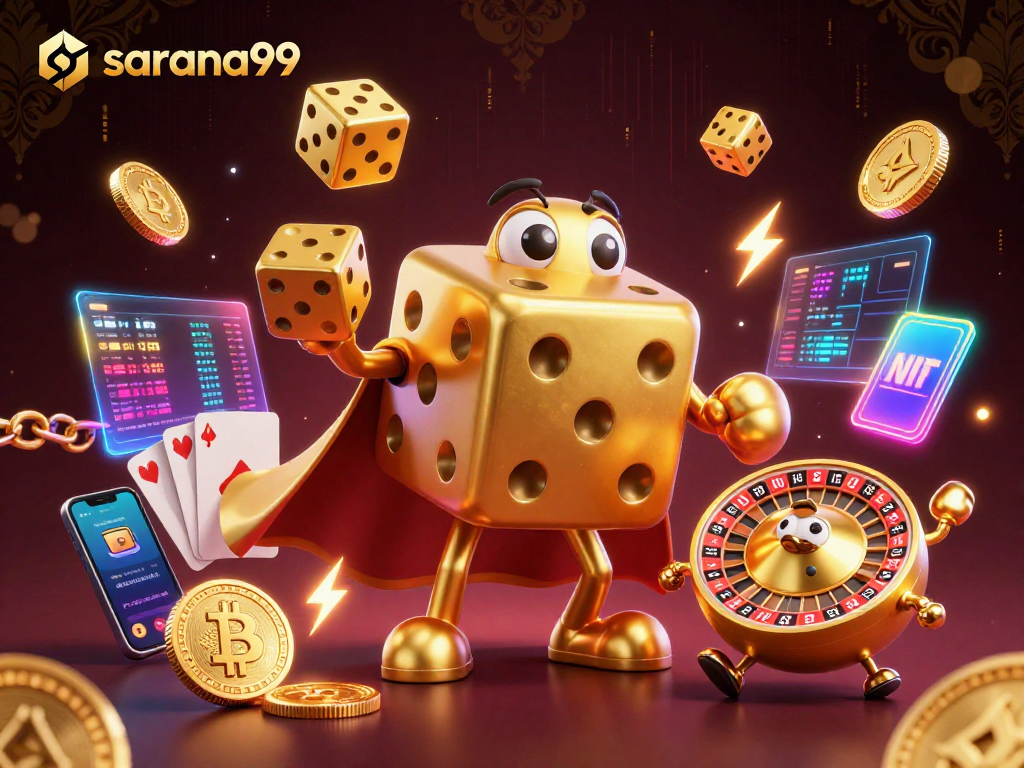 Sarana99 engages players with a vibrant, animated casino scene featuring golden dice, crypto elements, and dynamic action.