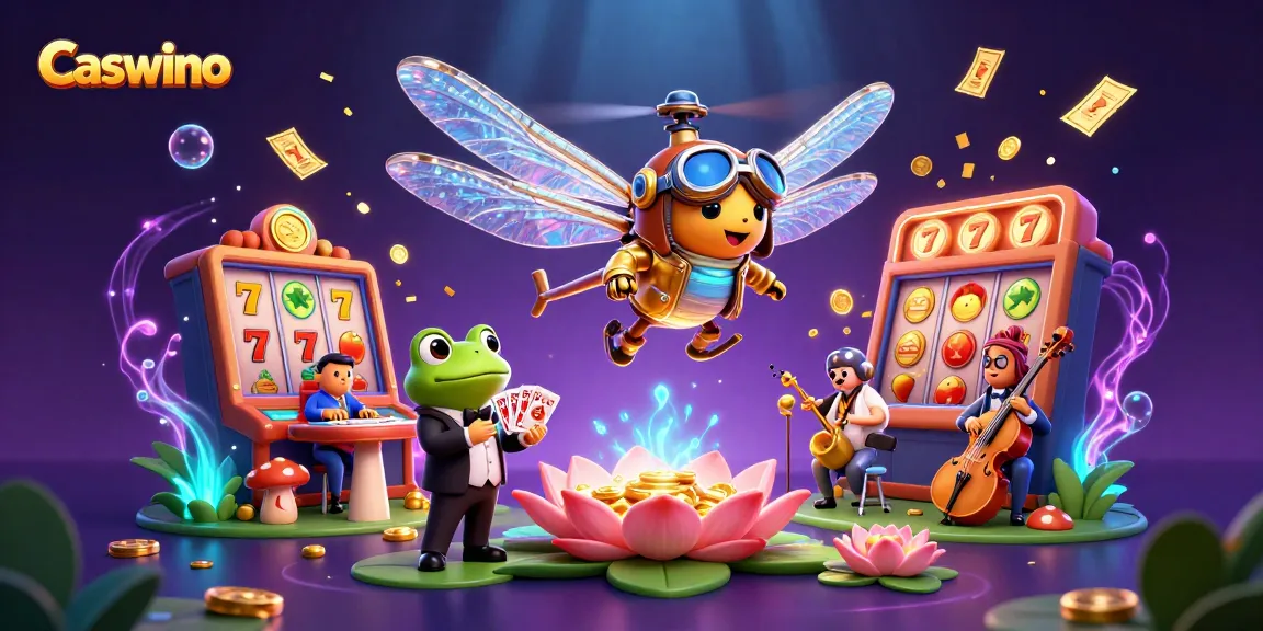 Caswino games illustrated richly with a dragonfly pilot amidst slot reels and dynamic casino action.