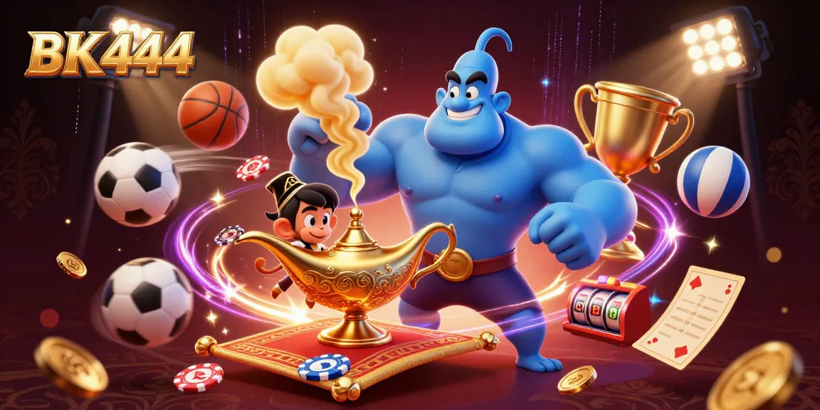 Experience thrilling wins with BK 444's vibrant gambling scene featuring genies, sports balls, and poker chips.
