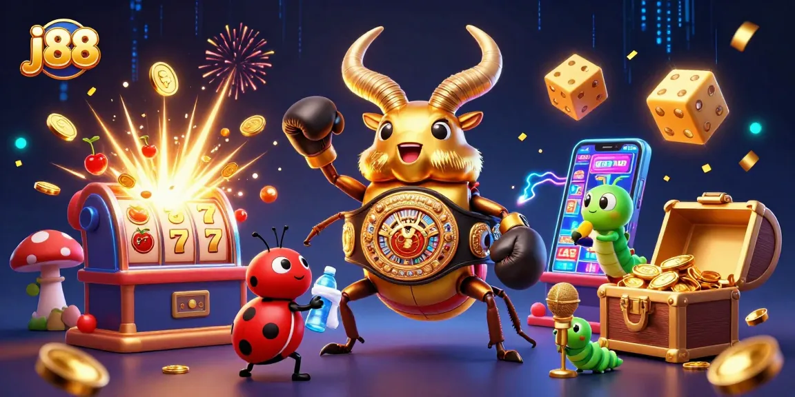 Experience the excitement of j88 as the golden beetle faces off with dynamic casino elements in a vibrant scene.