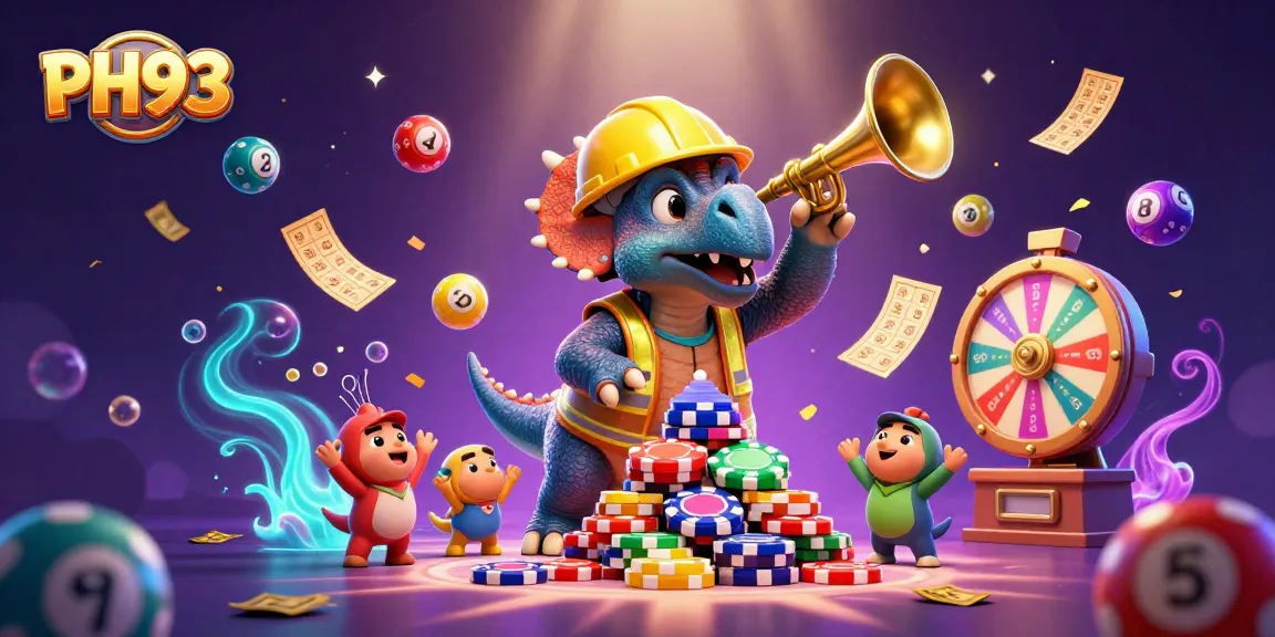Exciting PH33 gaming scene with triceratops building poker chip pyramid amidst colorful lottery and casino elements.