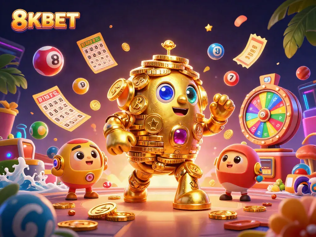 Experience 8KBET's thrilling lottery casino scene with a golden golem and vibrant game elements.