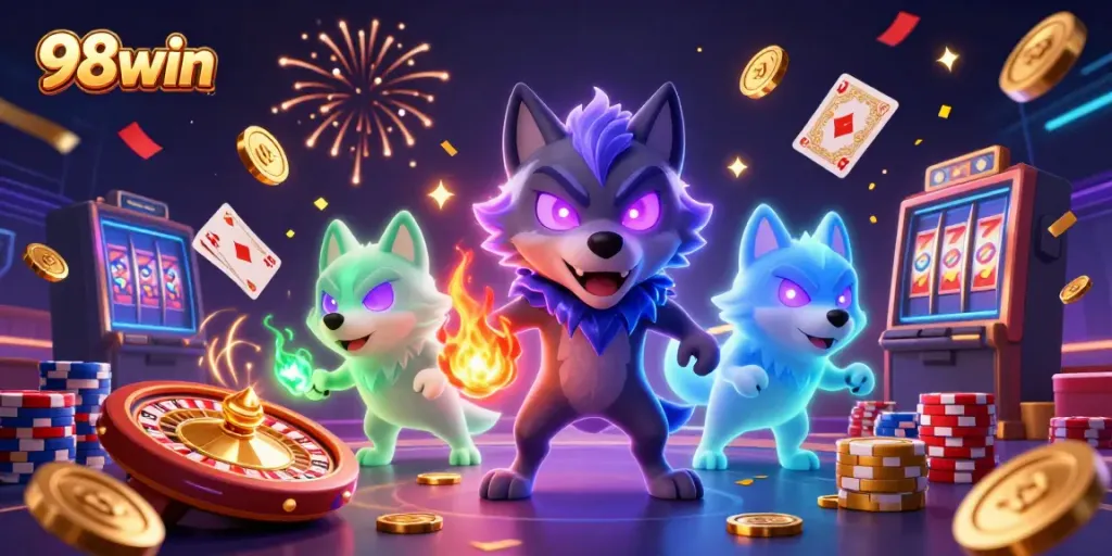 Experience thrilling casino action with 98win featuring vibrant characters, coins, and a roulette wheel.