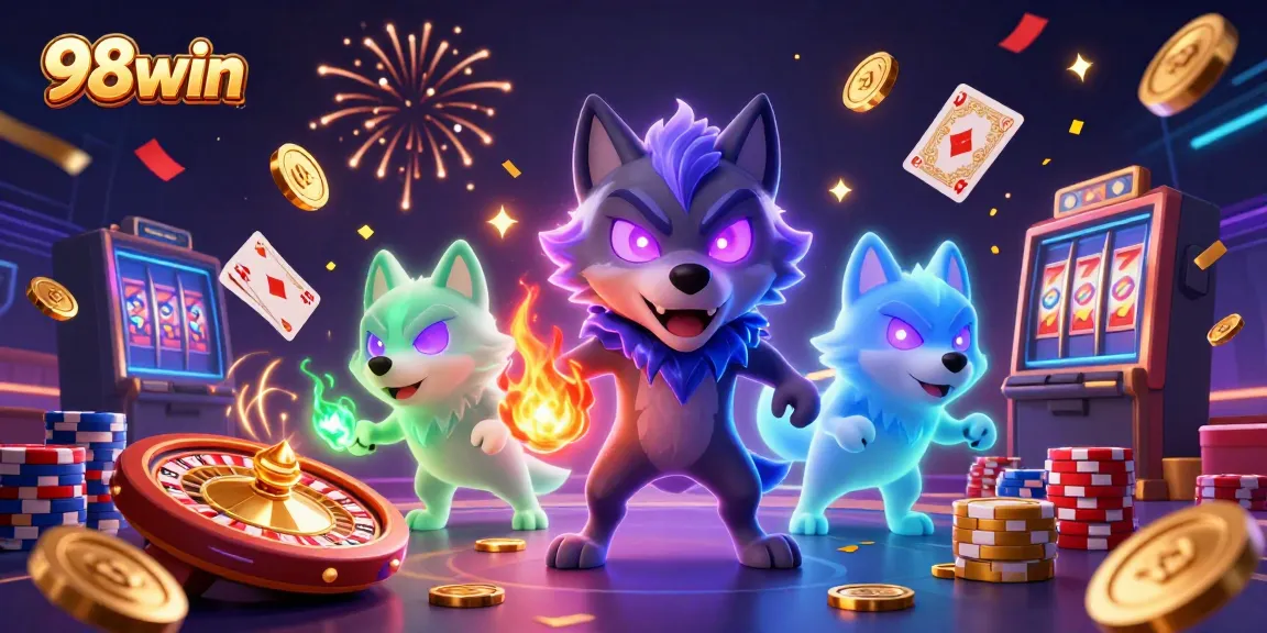 Experience thrilling casino action with 98win featuring vibrant characters, coins, and a roulette wheel.