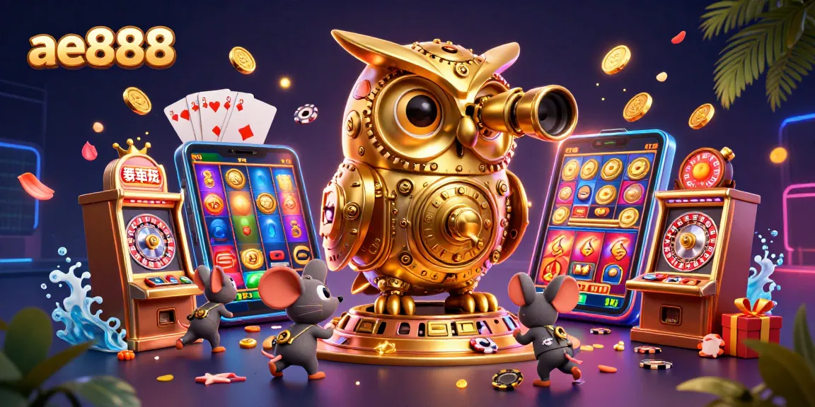Experience ae888 with a vibrant 3D illustration of a golden owl and charming mice amidst casino excitement.